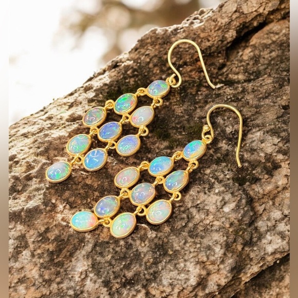 Jewelry - Ethiopian Opal Earrings • 2” Dangle • 925 Silver 18K Gold Plated • Handmade